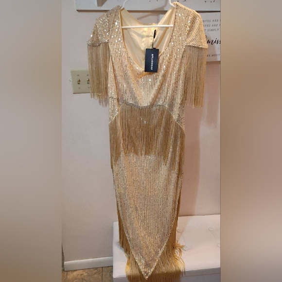 Dresses & Skirts - Gold Fringe Sequin Evening Dress - Pluswear